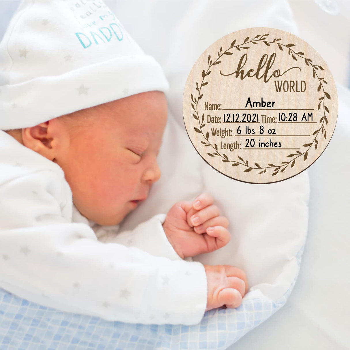 Newborn Birth Announcement Sign,Personalized Baby Announcement，Custom Engraved Wooden Baby Name Sign，Newborn Photo Props, Hello World Newborn Mayyi