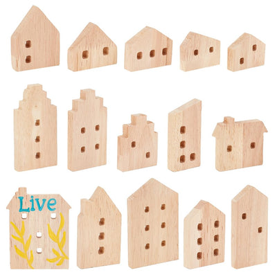 OLYCRAFT 15Pcs Unfinished Wooden House Shaped Blocks House Blank Wood Cutouts Wood Blocks with Hole Wooden Display Decoration Pieces for Home Kitchen Office Shelf Coffee Bar Decor -15 Styles