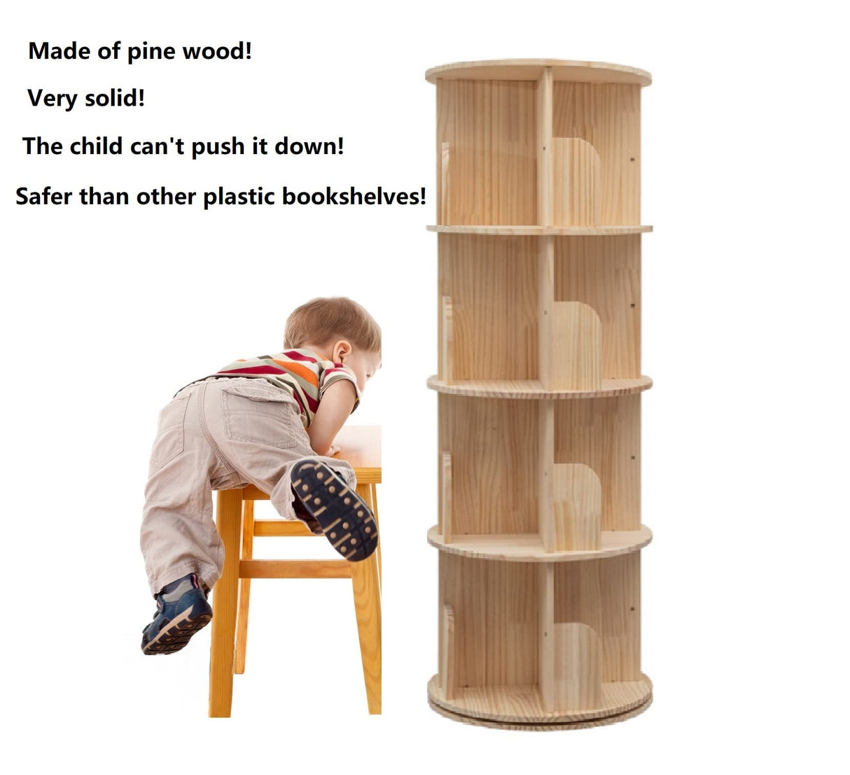 360° Rotating 4-Tier Solid Wood Bookshelf for Kids & Adults - Space-Saving Floor Organizer Heehee