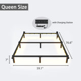 Bed Frame with Charging Station, Queen Bed Frame with LED Lights, 7 Inch High 9-Leg Support Sturdy Bed Base for Box Spring and Mattress, Easy Assembly, Black SHLAND