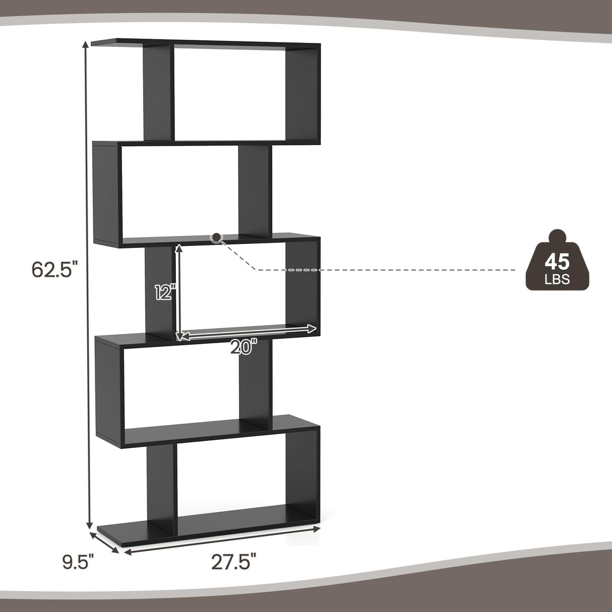 Giantex 5-Tier Geometric Bookshelf Set of 2 Black, 62.5" Tall Wood S-Shaped Bookcase with Anti-Tipping Device, Floor Standing Display Shelf for Bedroom, Living Room, Study Giantex