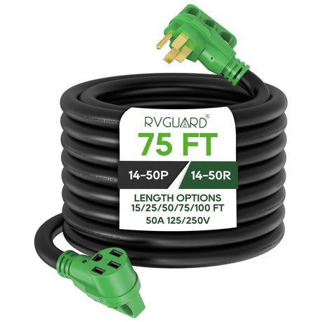 RVGUARD 50 Amp 75 Foot RV/EV Extension Cord, NEMA 14-50P/R Heavy Duty Extension Cord with LED Power Indicator and Cord Organizer, Green, ETL Listed RVGUARD