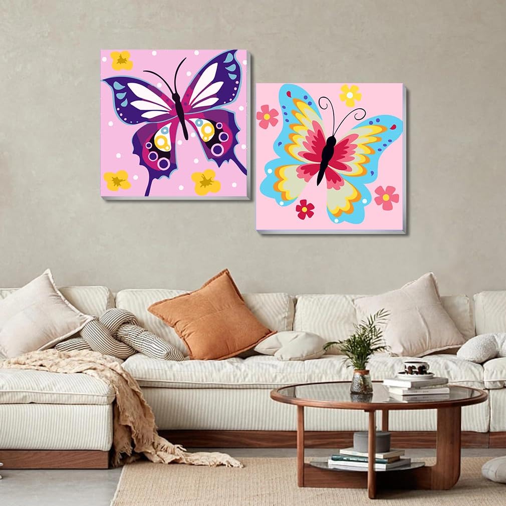 askkqtx 2 Pack Butterfly Paint by Number for Kids,Easy Paint by Numbers for Kids Ages 8-12,DIY Acrylic Oil Painting Kits for Home Wall Decor and Girls Gifts-8x8inch（with Wooden Framed） askkqtx