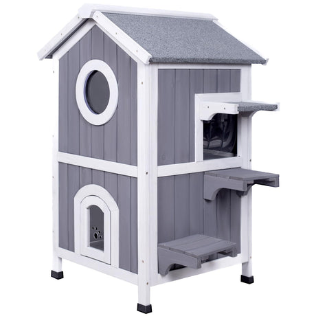 GEGURI Outdoor Cat House Weatherproof, Wooden Two-Story Feral Cat Shelter with Openable Roof, Escape Door, Balcony GEGURI