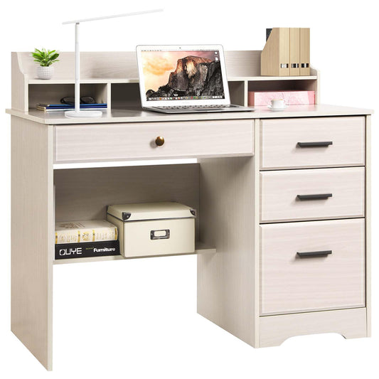 Catrimown Computer Desk with Drawers and Hutch, Farmhouse Home Office Desk Writing Table Wood Executive Desk Student Desk with File Drawer for Bedroom, Small Space, Milky White - WoodArtSupply