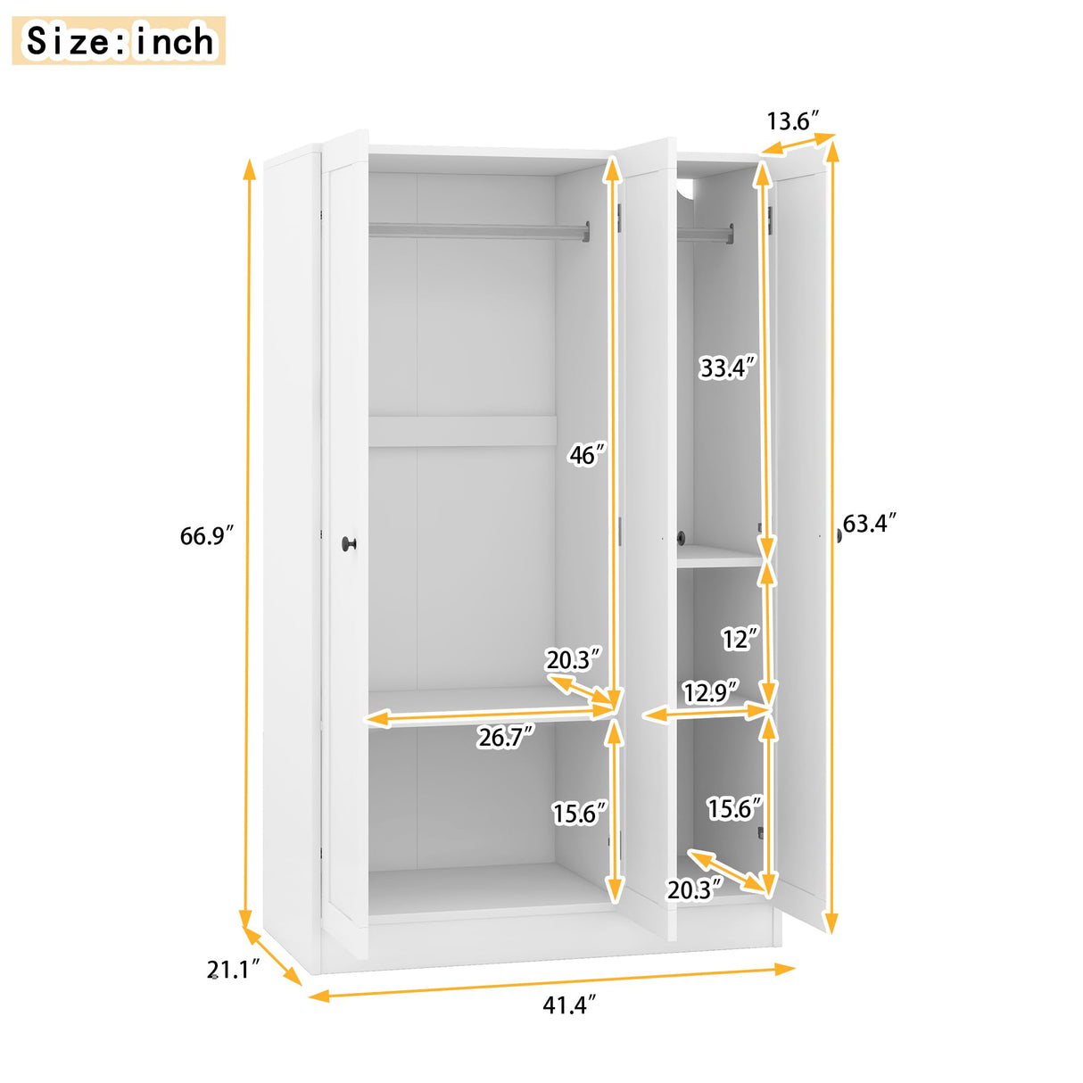 3 Door Wardrobe Armoire Closet with Shutter Doors Freestanding Wardrobe Cabinet with Shelevs and Hanging Rod Clothes, Cabinet Organizer, 21.1"D x 41.4"W x 66.9"H (White) Bellemave