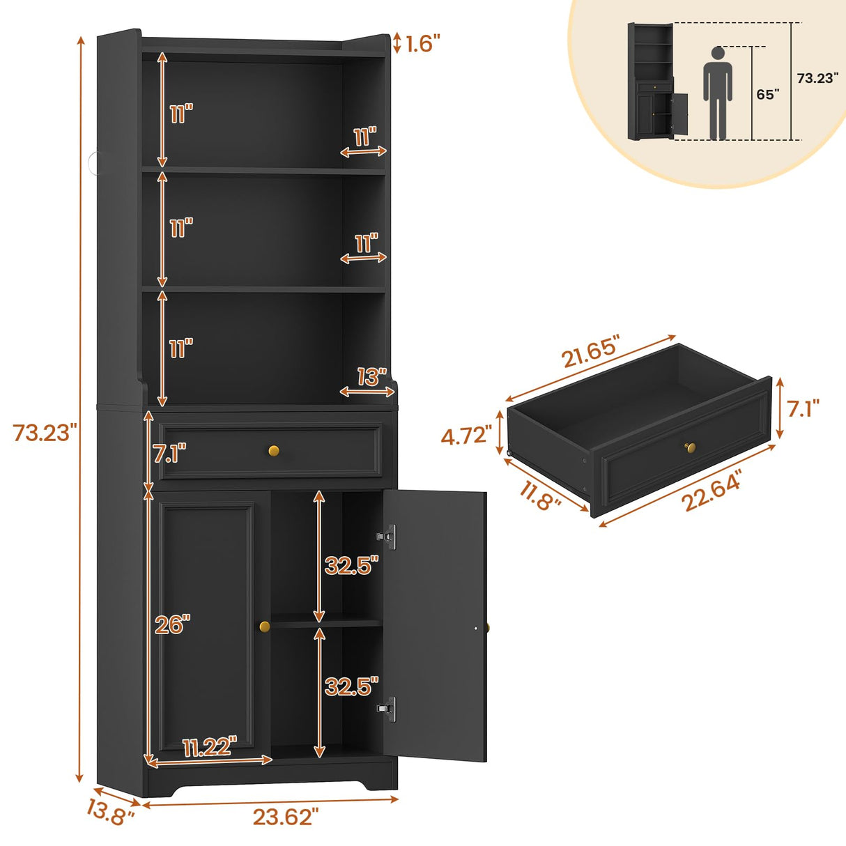 Hasuit Bookshelves and Bookcase with Doors and Drawer & Shelves, 73 in Tall Bookshelf with Storage, Floor Standing 7 Shelf Display Cabinet Bookshelf Storage Cabinet for Home Office, Living Room, Black Hasuit