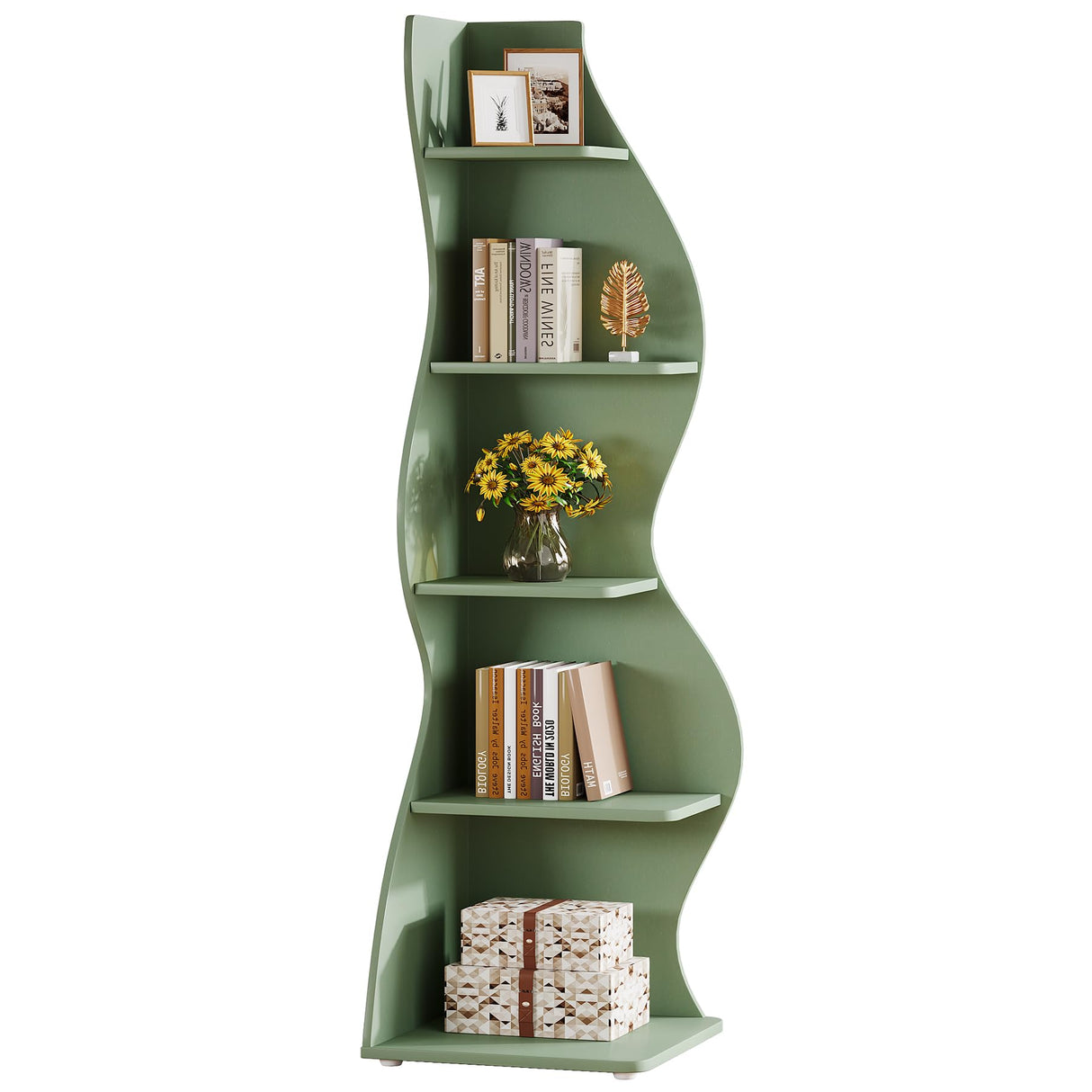 Tribesigns Wavy Corner Shelf, Modern 5-Tier Bookshelf Bookcase with Curvy Shape, Unique Plant Stand Display Rack for Living Room Small Space (Green) Tribesigns
