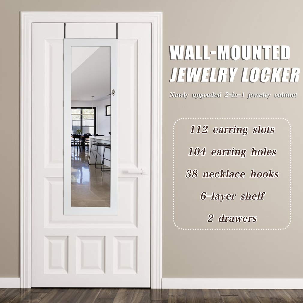 FDW Jewelry Cabinet 47.3" H Wall/Door Mounted Lockable Jewelry Armoire Organizer with Mirror With 2 Drawers 6 Shelves 43.3"×10.6" Mirror High Capacity Jewelry Organizer (White) FDW