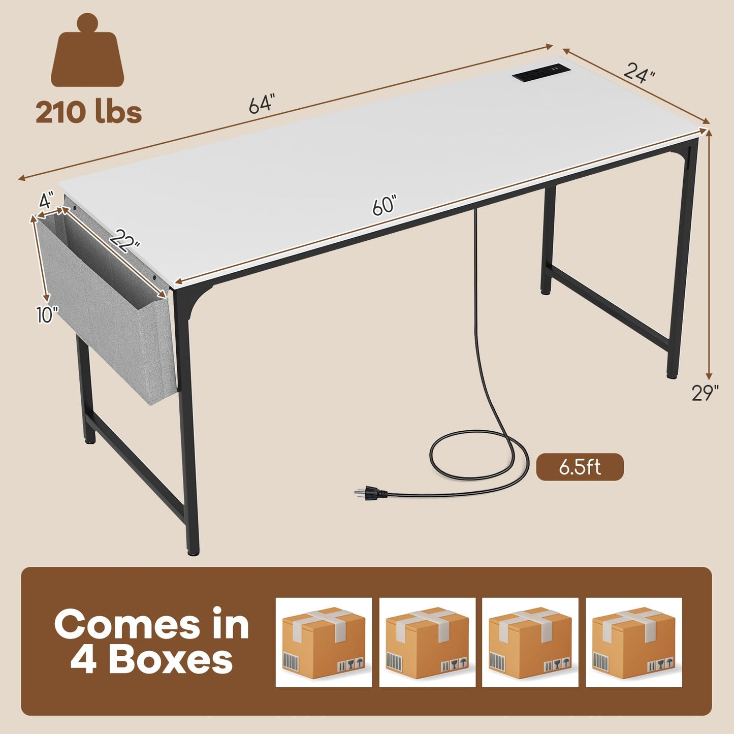 Tangkula 60" Conference Desk Set of 4, Modern Boardroom Desk with Storage Bag, Headphone Hook, Sturdy Metal Frame, Rectangular Seminar Table with Charging Station