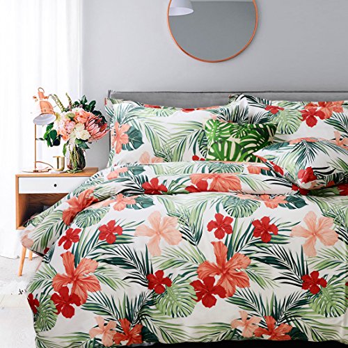 FADFAY Tropical Red Hibiscus Palm Leaves Duvet Cover Set Super Soft Summer Bedding 100% Cotton Soft with Hidden Zipper Closure Queen Size 3-Pieces FADFAY