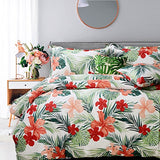 FADFAY Tropical Red Hibiscus Palm Leaves Duvet Cover Set Super Soft Summer Bedding 100% Cotton Soft with Hidden Zipper Closure Queen Size 3-Pieces FADFAY