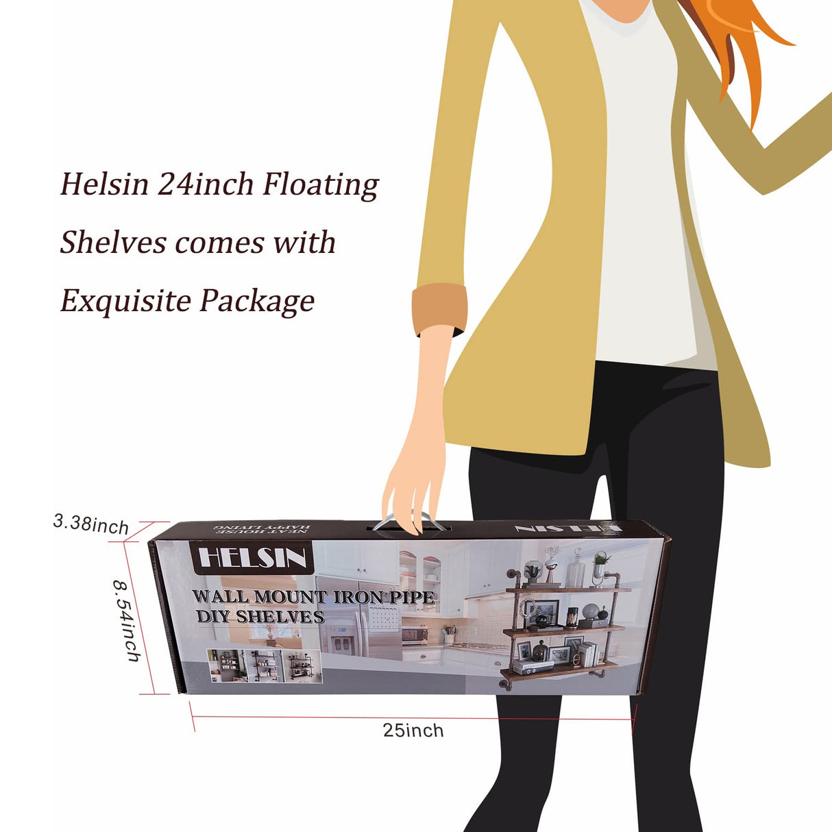 Helsin 3 Tier Industrial Pipe Shelf Rustic Wood Floating Shelves,Wall Display Bookshelf,Storage Rack Sundries Holder for Kitchen Office Bathroom Organization and Home Decor (24inch) Helsin