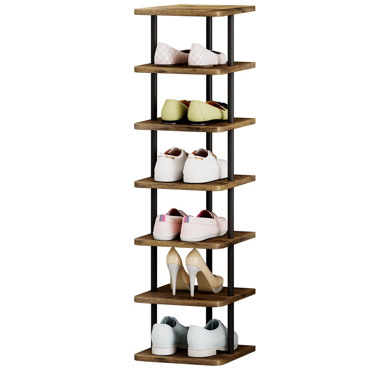 AZERPIAN Shoe Rack 7 Tier Vertical Storage Organizer Narrow Metal Slim Shelf Modern Free Standing Shoe Tower Saving Space for Closet Entryway Bedroom,Black+Rustic Brown AZERPIAN