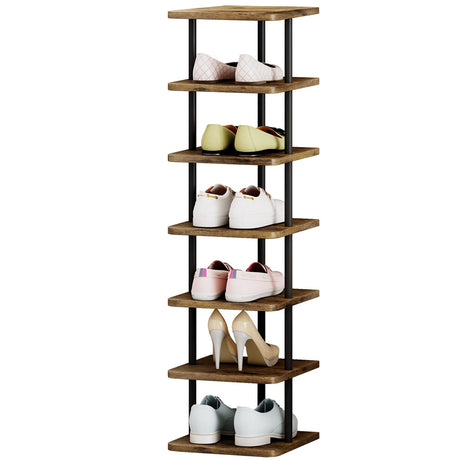 AZERPIAN Shoe Rack 7 Tier Vertical Storage Organizer Narrow Metal Slim Shelf Modern Free Standing Shoe Tower Saving Space for Closet Entryway Bedroom,Black+Rustic Brown AZERPIAN