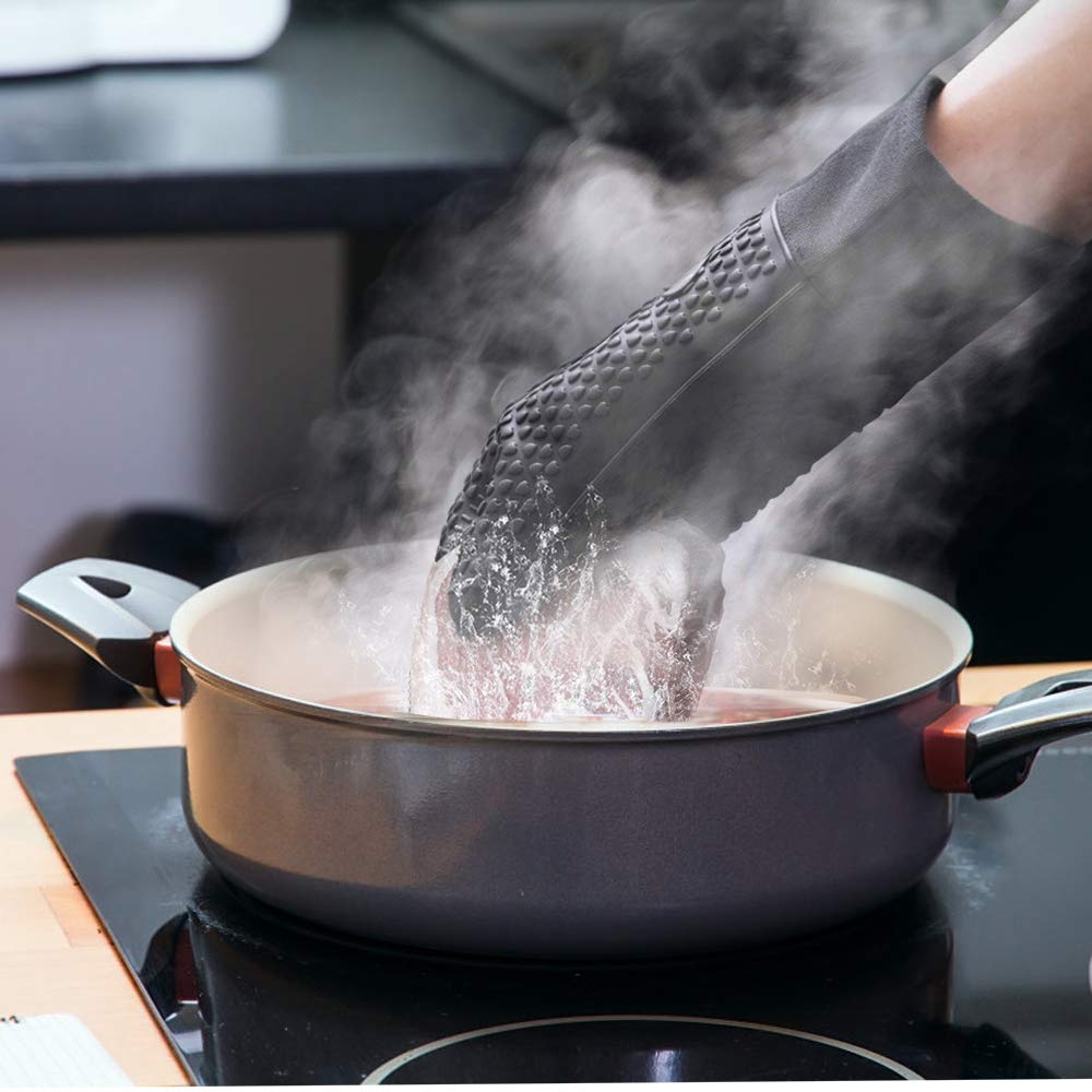 Comsmart BBQ Gloves, Heat Resistant Silicone Grilling Gloves, Long Waterproof BBQ Kitchen Oven Mitts with Inner Cotton Layer for Barbecue, Cooking, Baking, Smoker(Black) Comsmart