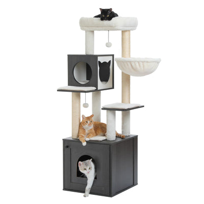 MIOMUM Tall Cat Tree with Litter Box Enclosure 57.5" Wooden Cat Tower for Large Cats with Cat Hammock House Bed (Pure Black)