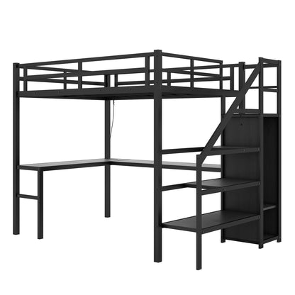 Metal Twin XL Size Loft Bed with Desk and Wardrobe,Heavy Duty Loft Bed Frame with Storage Stairs,LED Loft Bed Twin XL with Charging Station, Space Saving Loft Bed Twin XL for Kids,Teens,Adults,Black