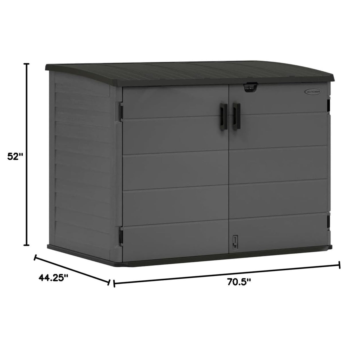 Suncast 70 Cu Ft Stow-Away Horizontal Outdoor Shed - Small Outdoor Storage Shed, Lockable & Weatherproof Resin Plastic, Fits Two 96-Gallon Trash Cans, Bikes, Lawn Mowers, or Garden Tools, Peppercorn Suncast
