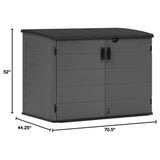 Suncast 70 Cu Ft Stow-Away Horizontal Outdoor Shed - Small Outdoor Storage Shed, Lockable & Weatherproof Resin Plastic, Fits Two 96-Gallon Trash Cans, Bikes, Lawn Mowers, or Garden Tools, Peppercorn Suncast