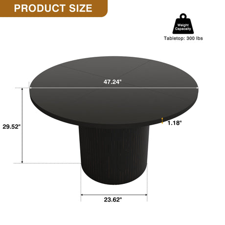47 Inch Round Dining Table, Farmhouse Fluted Dining Kitchen Table, Modern Wood Small Circle Dining Table for Kitchen Living Room, Black PHOYAL