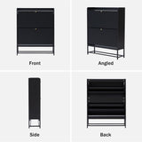 Fluted Shoe Cabinet with 2 Flip Drawers, Modern Slim Shoe Storage Organizer, Narrow Entryway Shoe Rack, Wooden Shoe Cabinet with Metal Legs for Heels, Boots, Slippers in Entrance, Black RARZOE