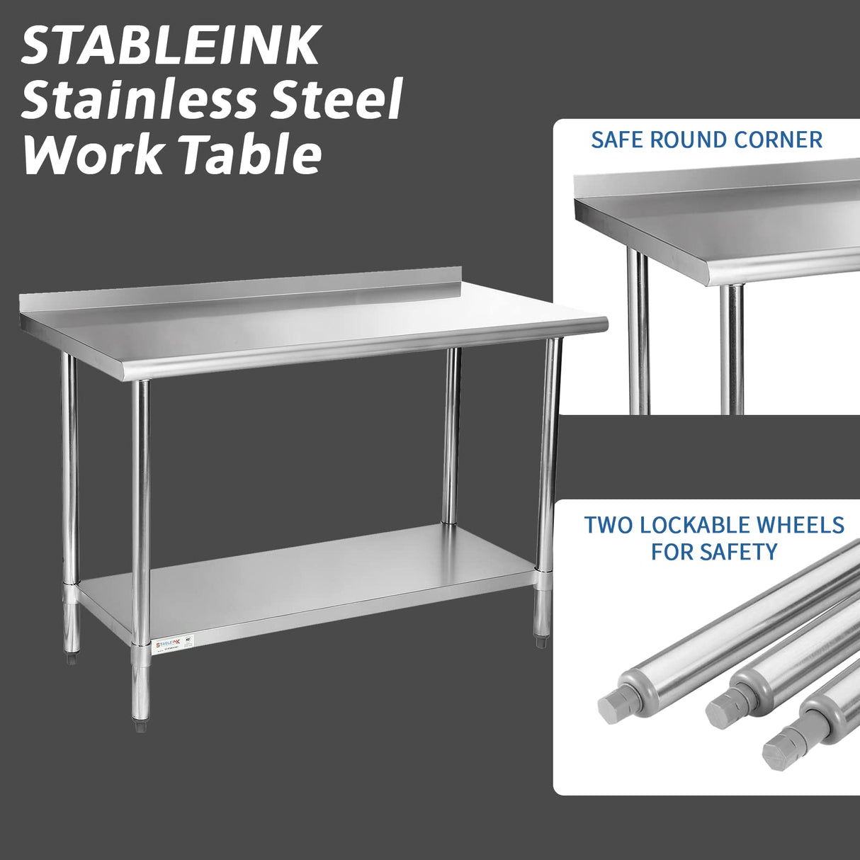 STABLEINK NSF Stainless Steel Table, 24 x 60 Inches Metal Prep & Work Table with Backsplash, Adjustable Undershelf and Table Foot, for Commercial STABLEINK