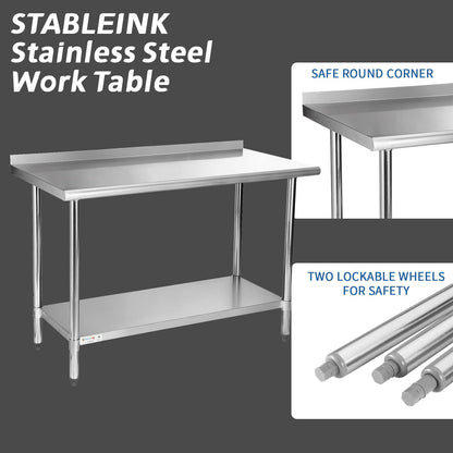 STABLEINK NSF Stainless Steel Table, 24 x 60 Inches Metal Prep & Work Table with Backsplash, Adjustable Undershelf and Table Foot, for Commercial - WoodArtSupply