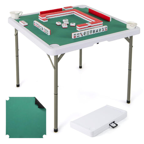 GYMAX Mahjong Table Foldable with Mahjong Mat, 4-Player Square Domino Table w/Cup Holders & Carrying Handle, Anti Slip Noise Reduction for Mahjong, Poker, Card Board Games (Pure Green) GYMAX