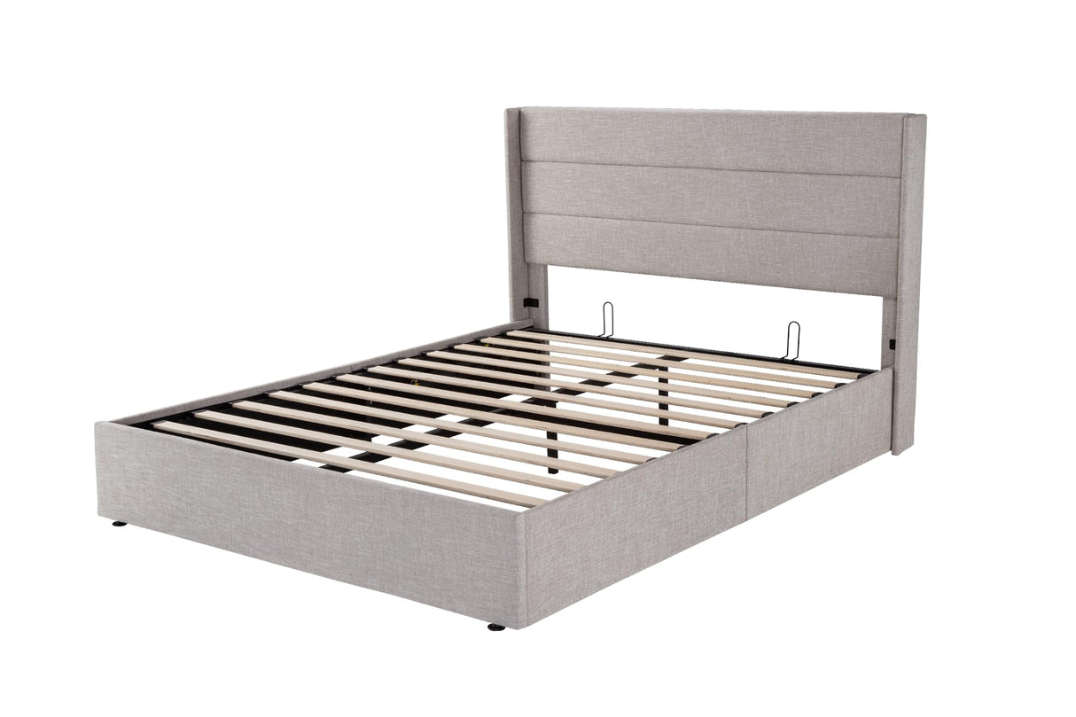 Allewie Full Size Lift Up Storage Bed, Modern Wingback Headboard, Hydraulic Support, No Box Spring Needed, Light Beige Allewie