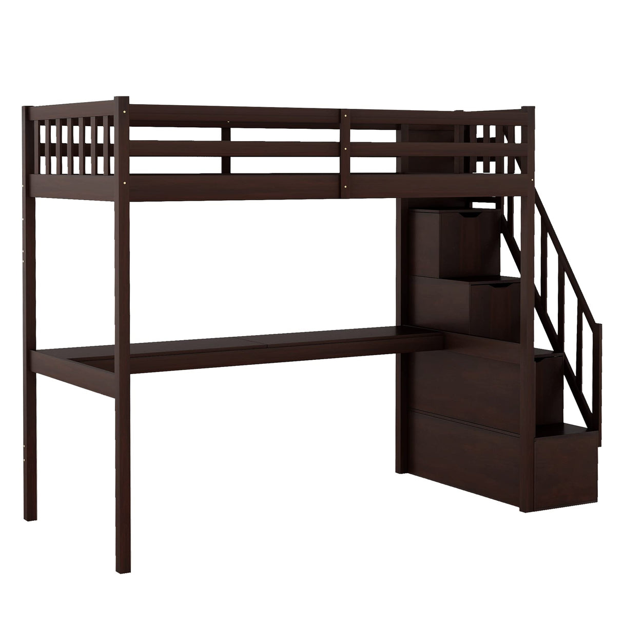 SOFTSEA Espresso Twin Loft Bed with Storage Staircase, Desk, and Safe Access for Kids SOFTSEA