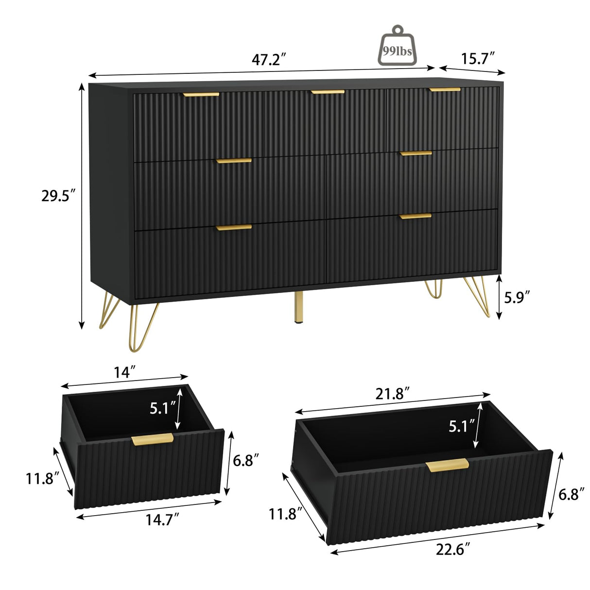 LYNSOM Dresser for Bedroom, Modern 7 Drawer Black Dresser with Metal Handles and Wide Drawer, Wood Chest of Drawers for Living Room LYNSOM