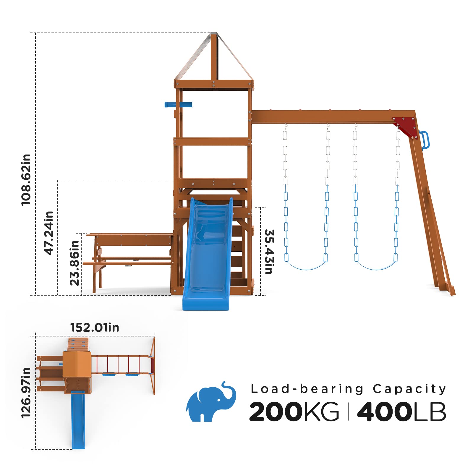 Dolphin Playground Wooden Swing Sets for Backyard with Monkey Bar, Outdoor Playset for Kids with 2 in 1 Outdoor Table, Wave Slide, Climbing Wall, and 2 Belt Swings, Heavy Duty Playground Acce - WoodArtSupply