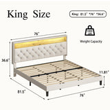 HOMBCK King Bed Frame with LED Lights, Velvet Upholstered Platform Bed with Storage Headboard and Charging Station, King Bed Frame with Diamond Design, Wood Slats Support, No Box Spring Needed, White HOMBCK