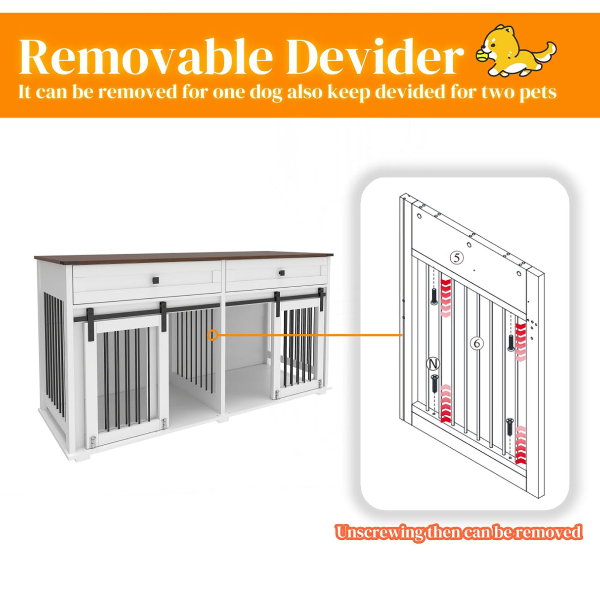 63'' Dog Crate Furniture for 2 Dogs, Wooden Dog Crate Table Furniture with 2 Storage Drawers, Indoor Dog Kennel with Divider and Double Sliding Doors, Large Pet House, White Cage Natural Wood Tabletop Kurhwyss