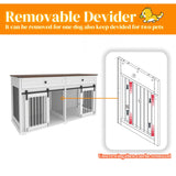 63'' Dog Crate Furniture for 2 Dogs, Wooden Dog Crate Table Furniture with 2 Storage Drawers, Indoor Dog Kennel with Divider and Double Sliding Doors, Large Pet House, White Cage Natural Wood Tabletop Kurhwyss