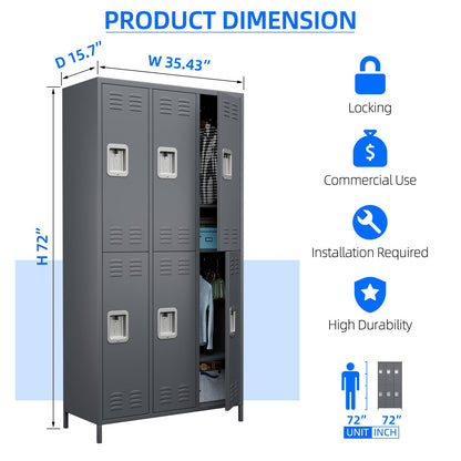 GangMei 6 Doors Metal Storage Locker, 72" H Employees Lockers Storage Cabinet with 12 Hooks, Lockable Steel Locker for Home, Office, Gym, School - WoodArtSupply