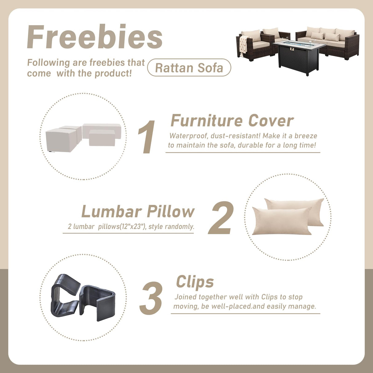 4 Pieces Outdoor Patio Furniture Set 43 in Outdoor Fire Pits Wicker Outdoor Furniture Chairs and Sofa 60000 BTU Outdoor Propane Fire Pit Table Non-Slip Cushions and Waterproof Covers, Khaki Oasishine