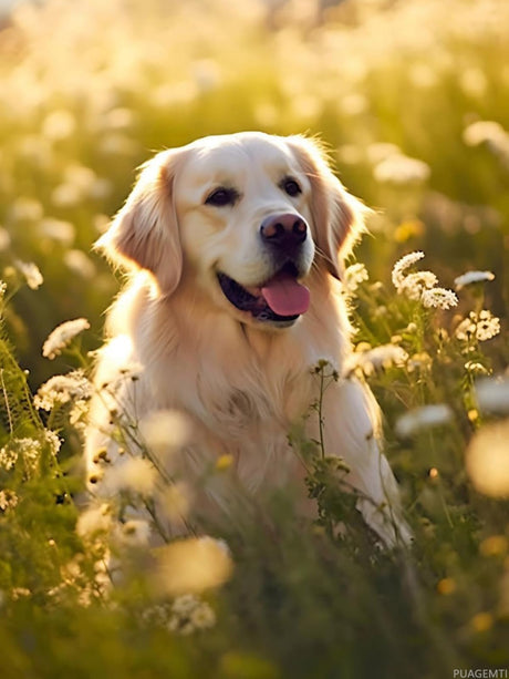 PUAGEMTI Golden Retriever in Field with Daisies Diamond Painting Kits for Adults, Dog Diamond Art Kits 5D DIY Full Drill Diamond Dots for Gift Wall Decor Gem Arts (12x16 inch) PUAGEMTI
