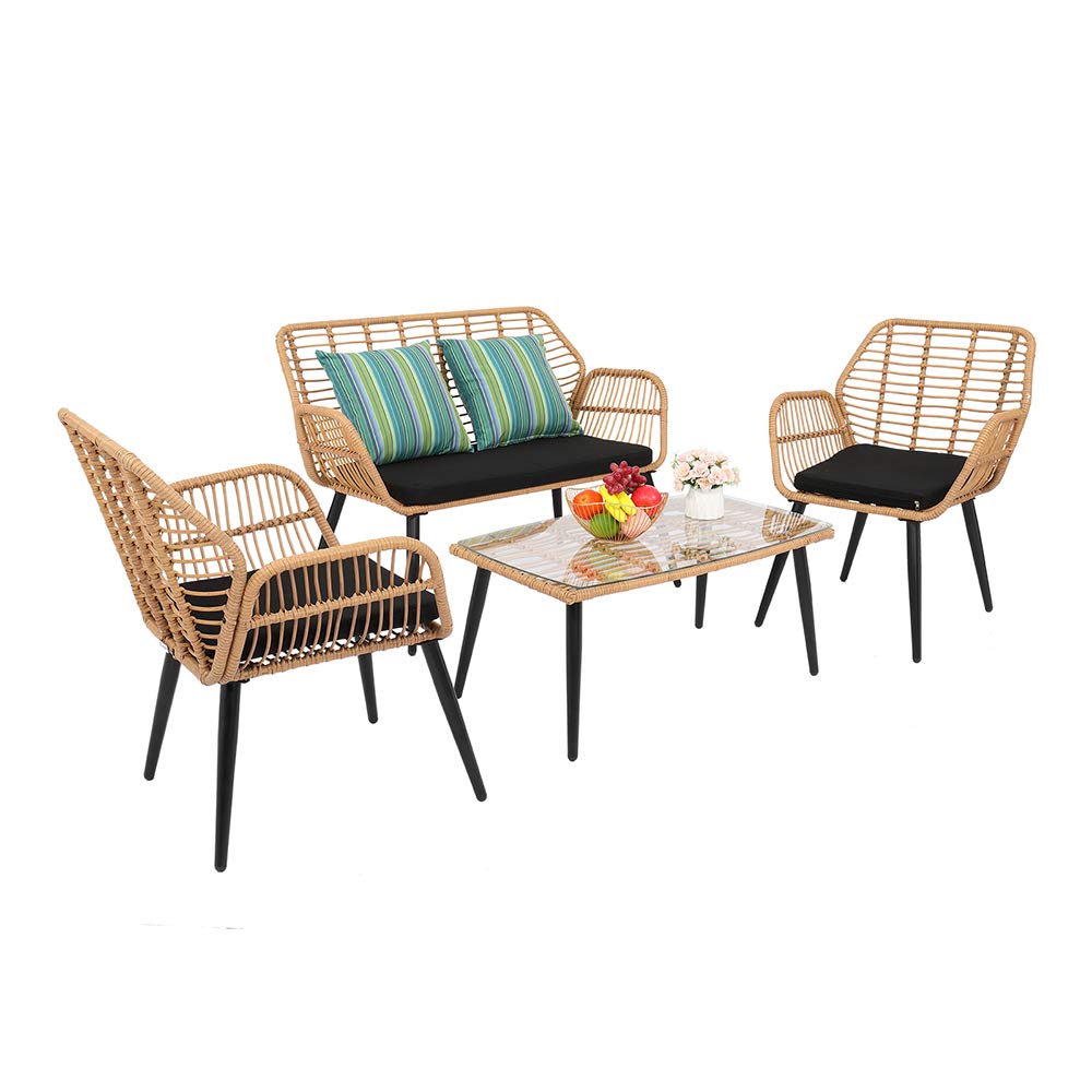 VINGLI 4 Pieces Outdoor Furniture Set Wicker, Rattan Patio Conversation Set with Cushions and Glass Coffee Table, Outdoor Sectional Sofa Set for Garden, Backyard, Poolside VINGLI