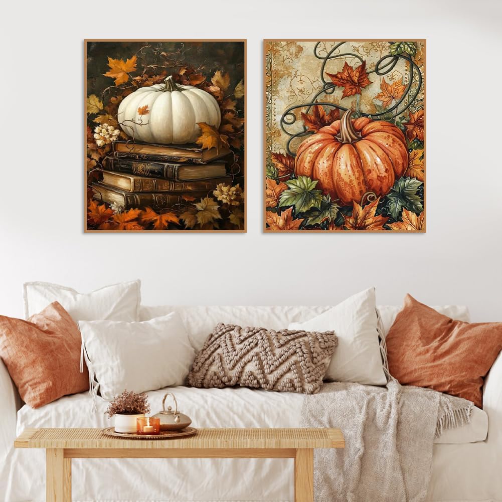 2 Pack Fall Pumpkin Paint by Numbers Kit for Adults Beginner with Frame,Thanksgiving Paint by Number with Wooden Easel DIY Adult Fallen Leaves Vines Book Paint by Number Kits for Home Decor 9x12 Inch VIGEGU