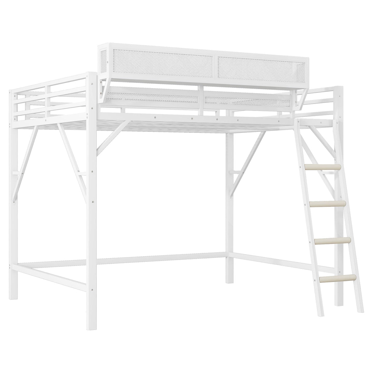 Mirightone Queen Size loft Bed with A Shelf, Metal Loft Beds with Soft Ladder Rung Cover, Heavy-Duty Tall Loft Bed Frame for Kids Boys Girls Teens Adults, Noise-Free,No Box Spring Needed, White Mirightone