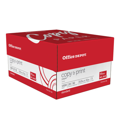 Office Depot Copy Print Paper, 8 1/2in. x 11in., 20 Lb, Bright White, 500 Sheets Per Ream, Case Of 3 Reams, 1008