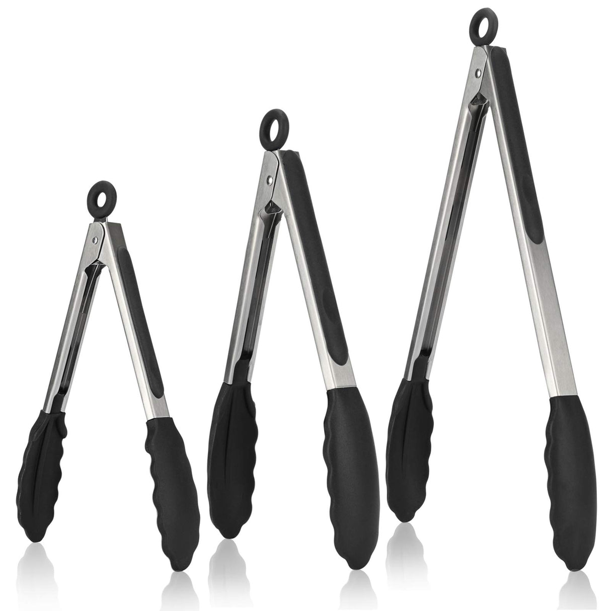 Kitchen Tongs, U-Taste 7/9/12 inches Cooking Tongs, with 600ºF High Heat-Resistant Non-Stick Silicone Tips, 18/8 Stainless Steel Handle, for Food Grill, Salad, BBQ, Frying, Serving, Pack of 3(Black) U-Taste