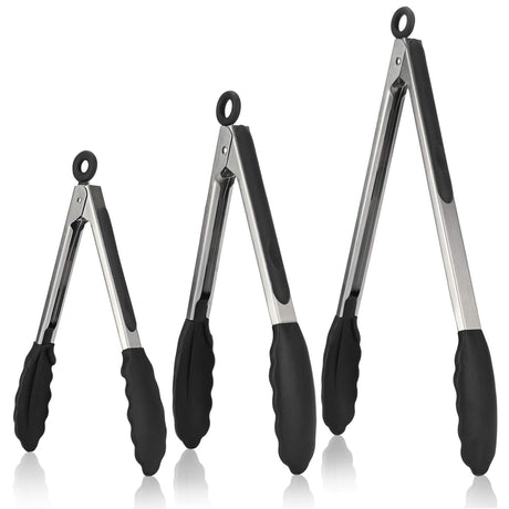 Kitchen Tongs, U-Taste 7/9/12 inches Cooking Tongs, with 600ºF High Heat-Resistant Non-Stick Silicone Tips, 18/8 Stainless Steel Handle, for Food Grill, Salad, BBQ, Frying, Serving, Pack of 3(Black) U-Taste
