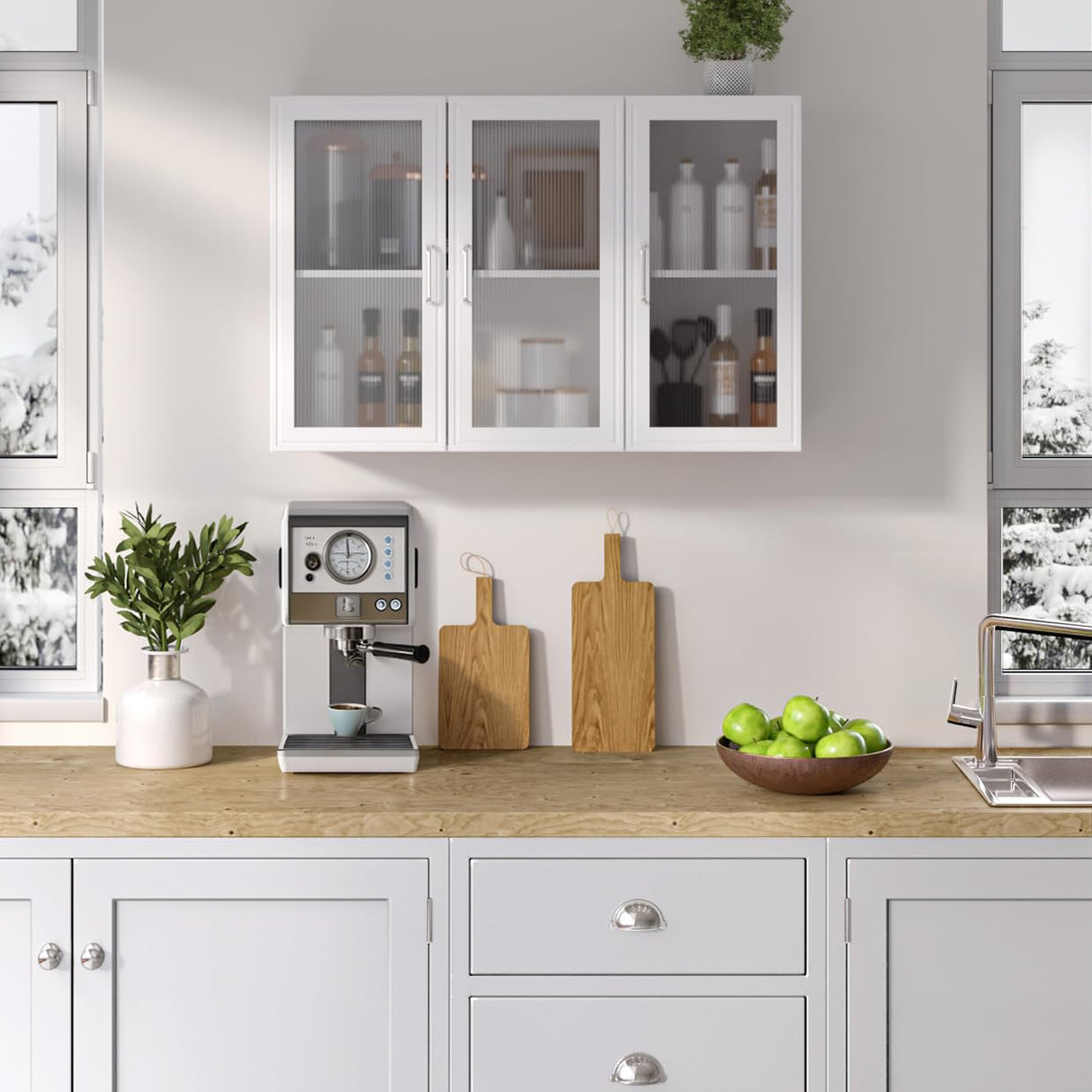 FIMELLO Wall Cabinet, Acrylic Glass Wall Mounted Storage Cabinets， Medicine Cabinet for Kitchen Garage Laundry, White, 3 Door FIMELLO