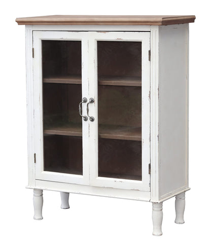 Farmhouse Wood Cabinet with 2 Glass Doors and 3 Shelves, Distressed White and Natural Wood Storage Cabinet for Kitchen, Dinning room, Bathroom,