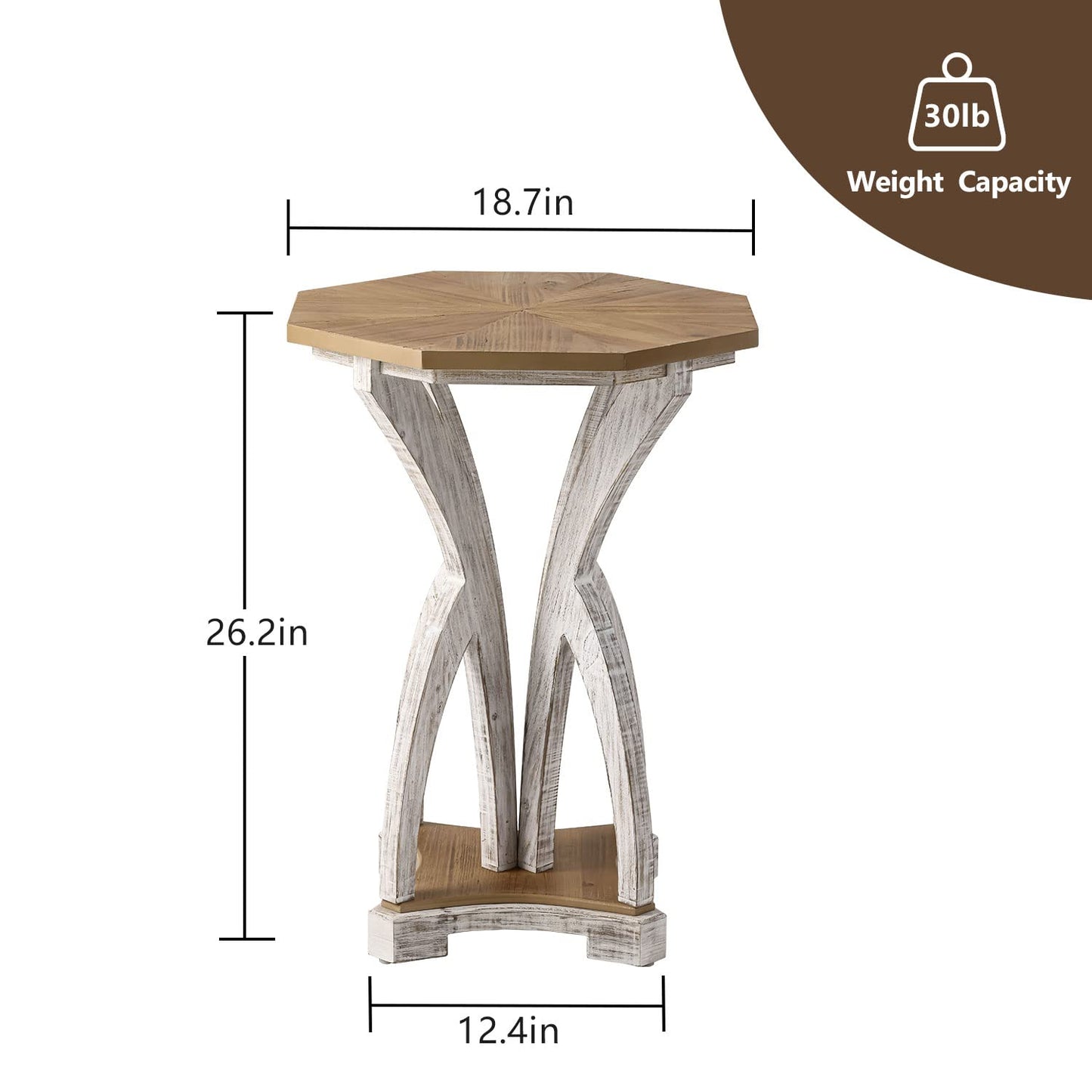 COSIEST Set of 2 Rustic Accent End Table, Octagonal Farmhouse Wood Side Table with Curved Legs Pedestal Design for Living Room, Bedroom, Distressed Whitewash Finish