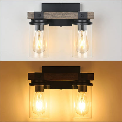 Farmhouse Bathroom Light Fixture Wood Black Vanity Lighting 2-Light Wooden Wall Sconce Industrial Rustic Wall Light Fixtures Over Mirror with Clear Glass Shade for Bathroom Hallway Kitchen Be - WoodArtSupply