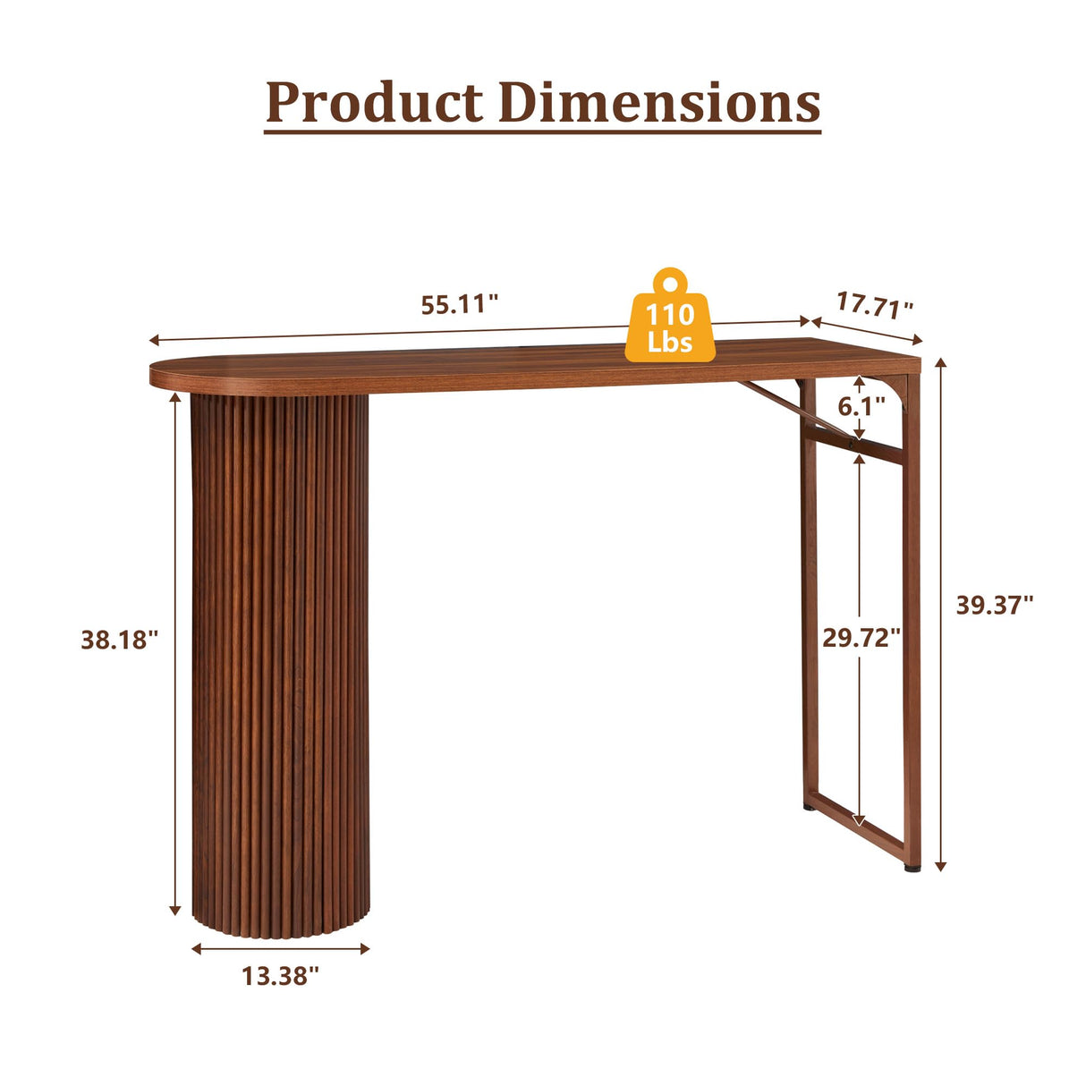 55" Long Bar Table, Fluted Wood Counter Height Pub Table, High Top Kitchen Breakfast Bar Tables with Sturdy Metal Frame, Modern Bar Height Dining Table for Bistro, Dining Room, Living Room YZRSTY